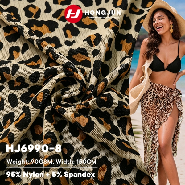 Best Leopard Print Nylon Spandex Swimwear Fabric 90GSM High Stretch Breathable Beach Sarong Material | product image